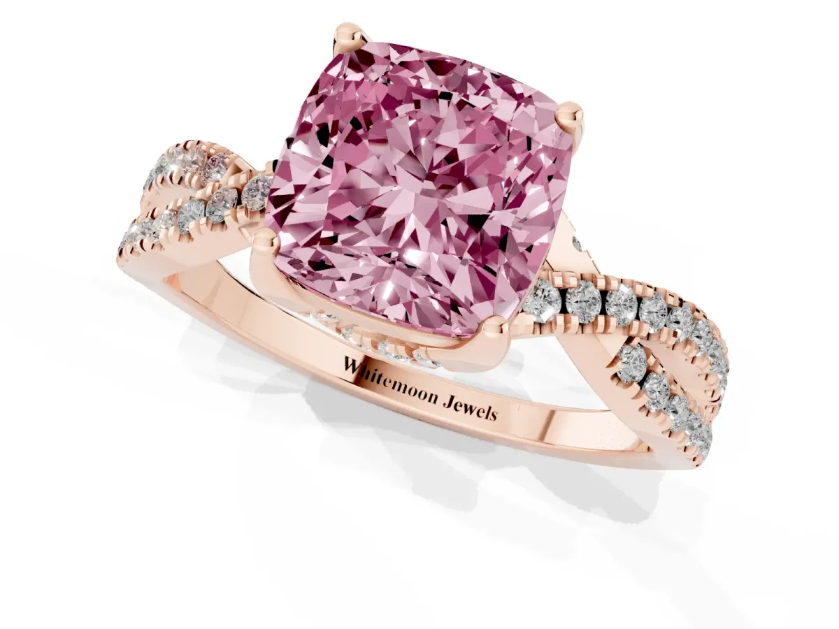 Fancy Pink Cushion Cut Solitaire Twist Pave Diamond Engagement Ring with Prong Setting Rose gold