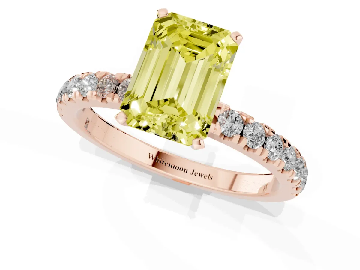 Fancy Yellow Emerald Cut Diamond Solitaire Ring with Pavé Accents and Four-Prong Setting Rose gold