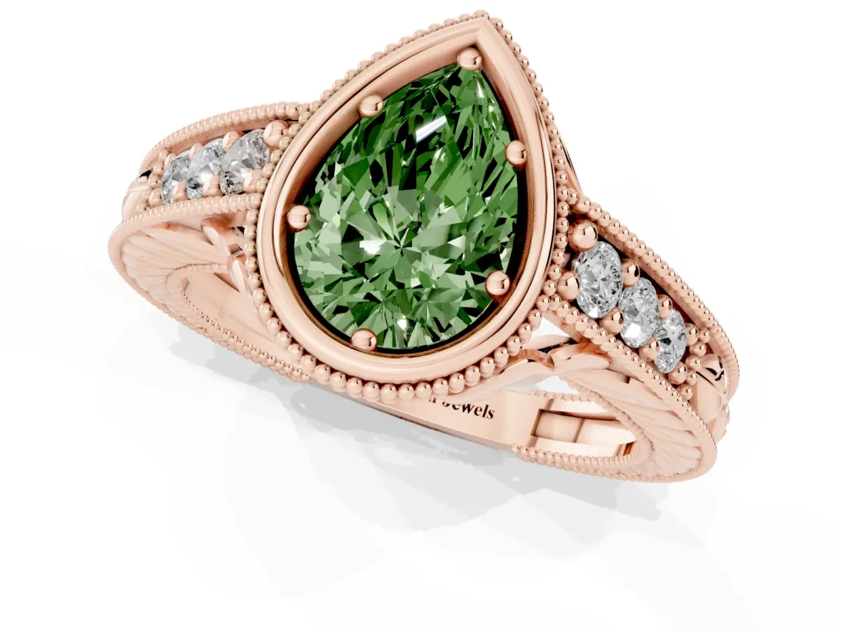Fancy Green Bezel Set Pear Cut Diamond Milgrain Pave Engagement Ring Rose gold