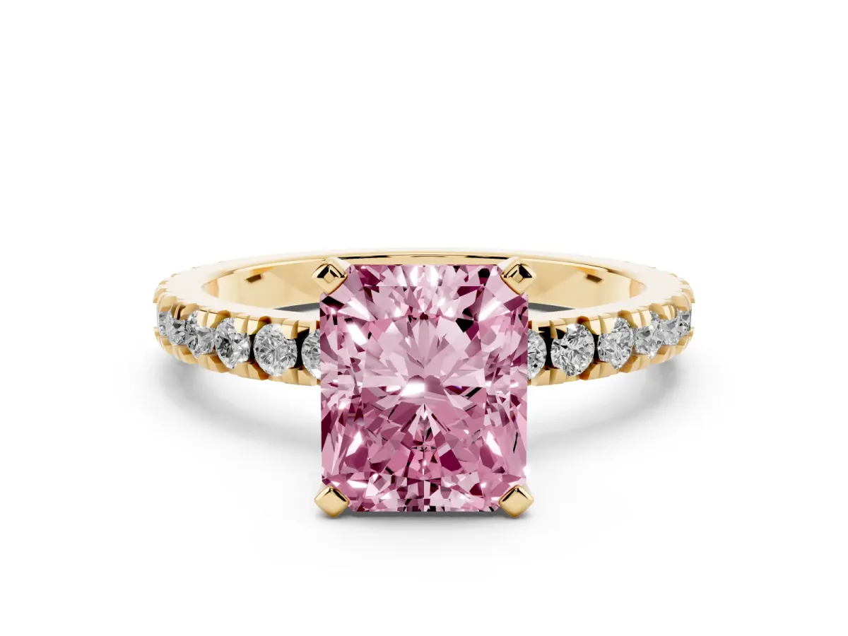 Fancy Pink Radiant Cut Diamond Pavé Band Solitaire with Four-Prong Setting Yellow gold