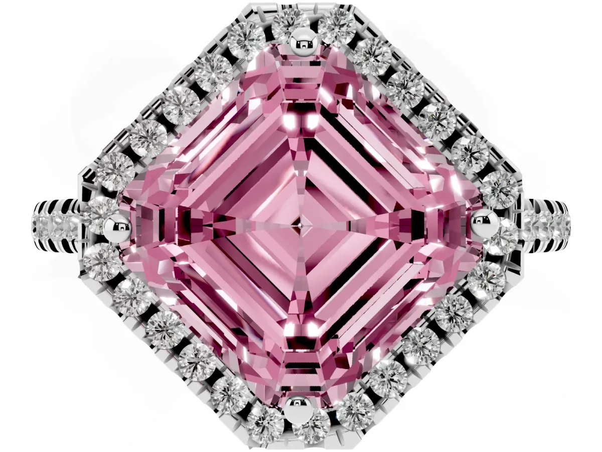 Fancy Pink Asscher Cut Diamond Cushion Halo Ring with Pavé Band Platinum