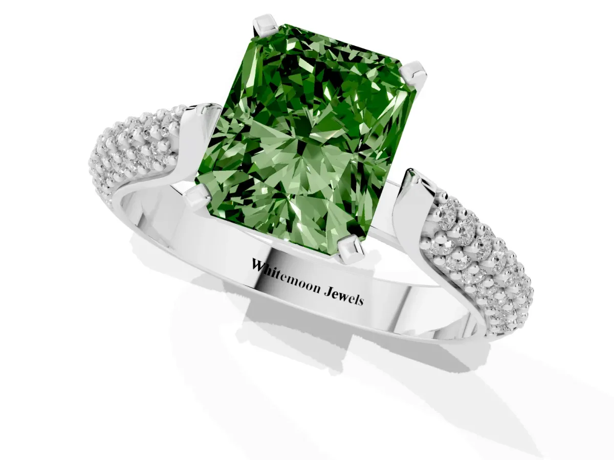 Fancy Green Radiant Cut Diamond Solitaire Engagement Ring with Multi-Row Round Pavé Band and Prong Setting White gold