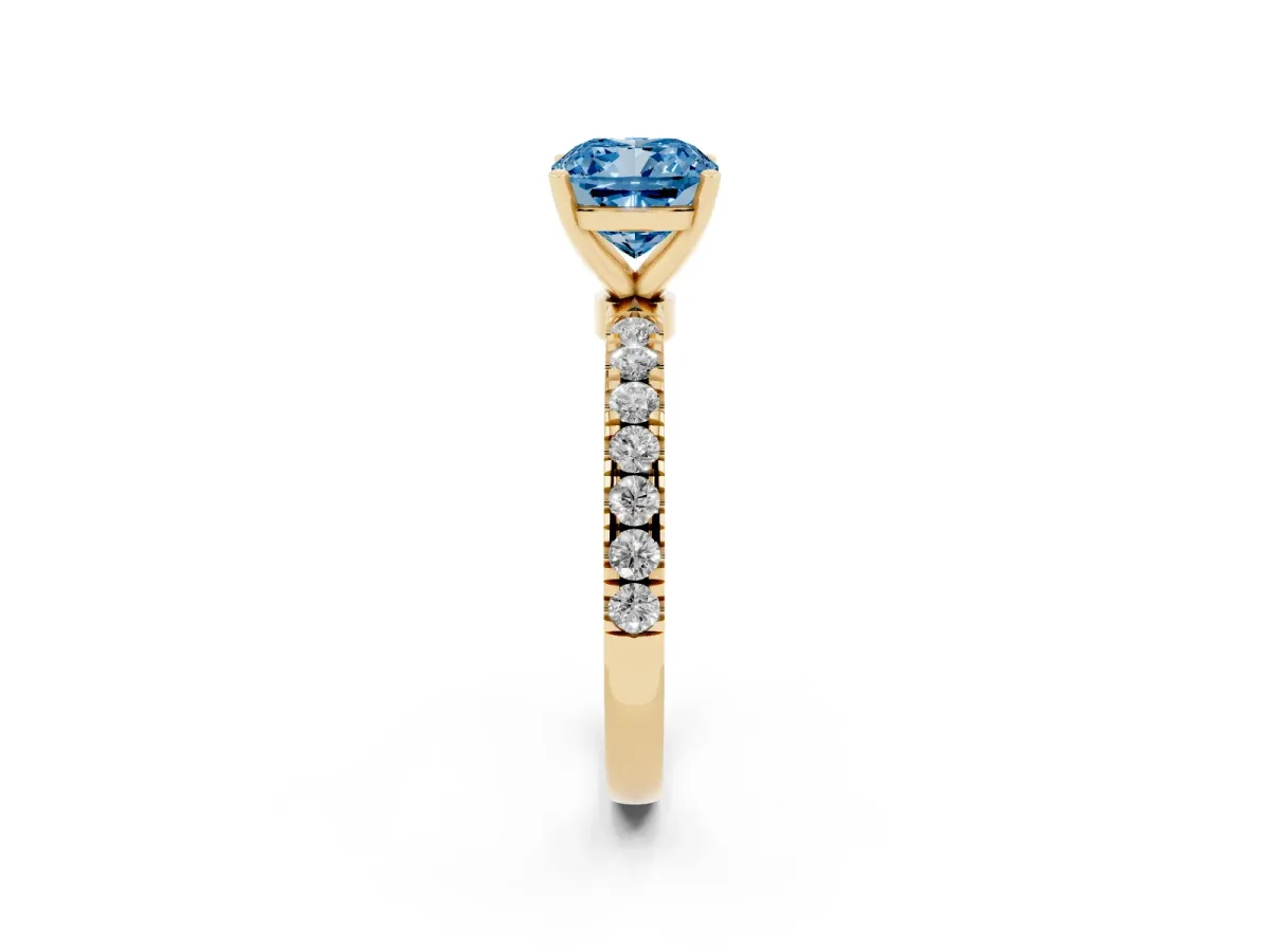 Fancy Blue Cushion Cut Diamond Solitaire Ring with Pavé Accents and Four-Prong Setting Yellow gold