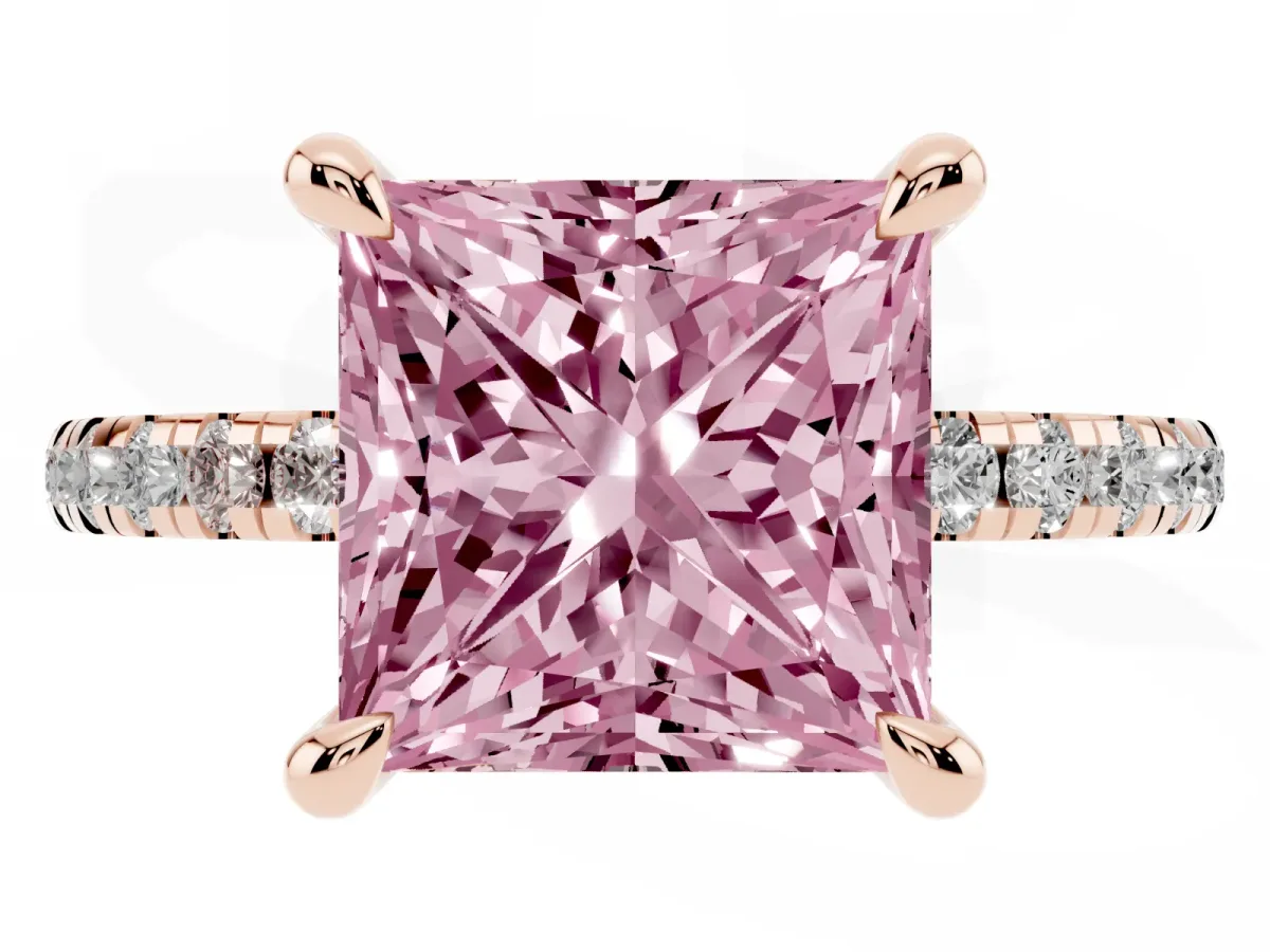 Fancy Pink Princess Cut Diamond Brilliant Solitaire Ring with Pavé Band and Four-Prong Setting Rose gold