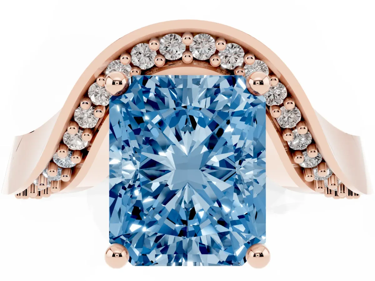 Fancy Blue Radiant Cut Solitaire Diamond Engagement Ring with Pave Band and Four-Prong Setting Rose gold