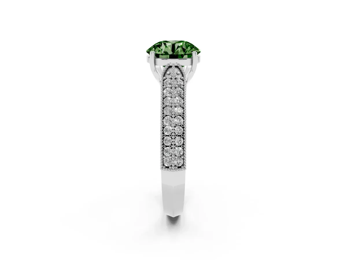 Fancy Green Round Cut Cut Pave Split Shank Engagement Ring with Four-Prong Setting White gold