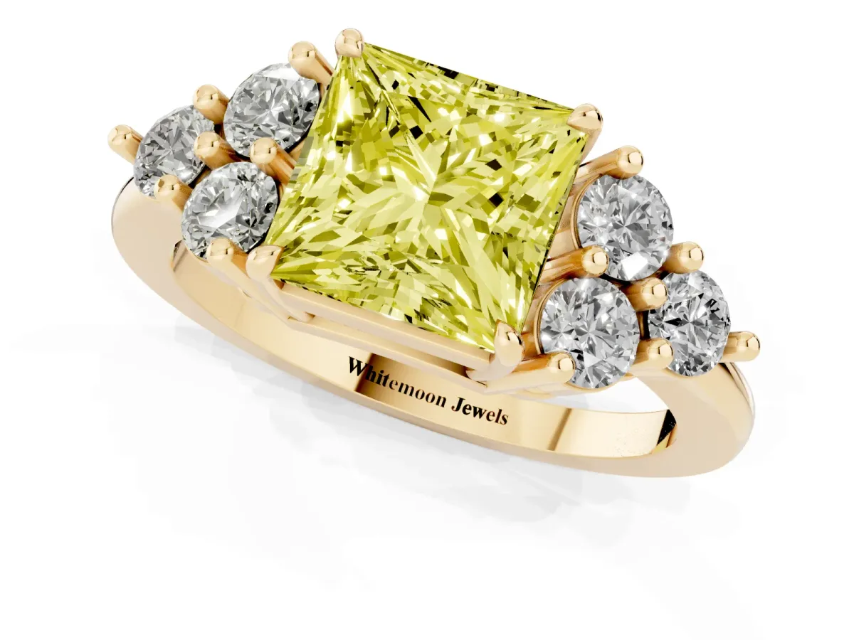 Fancy Yellow Princess Cut Brilliant Diamond Cluster Accent Solitaire Ring with Prong Setting Yellow gold