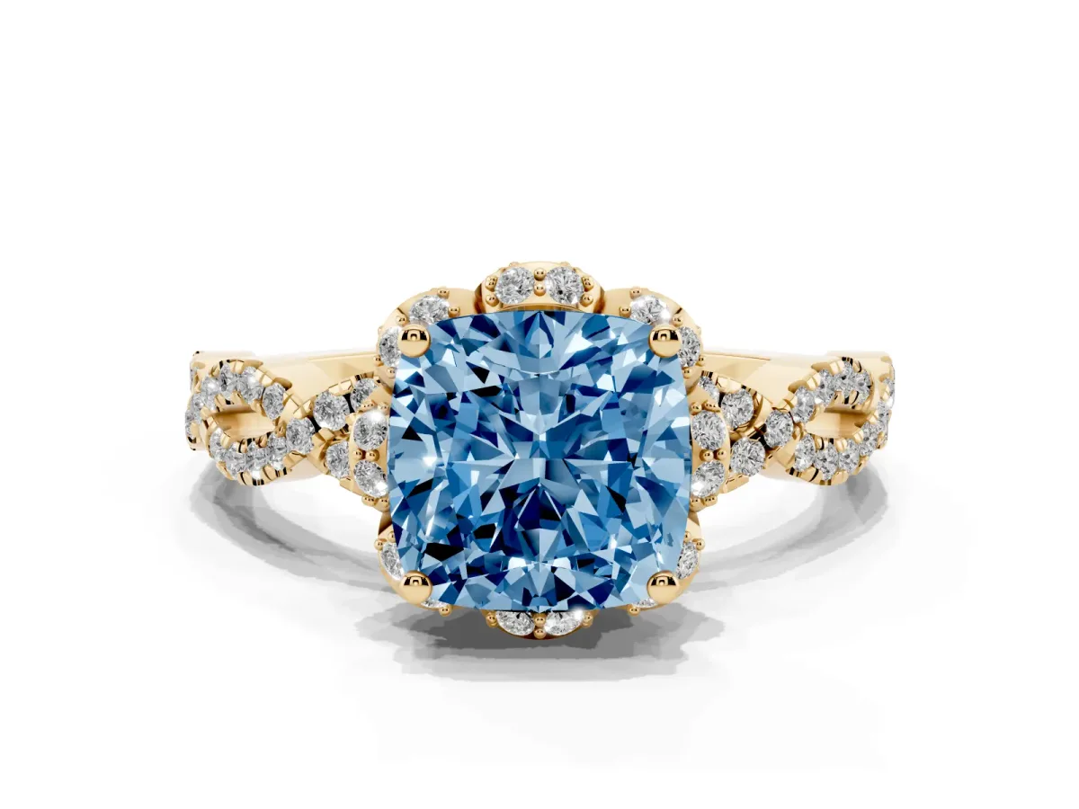Fancy Blue Cushion Cut Halo Twist Band Solitaire Ring with Six-Prong Setting Yellow gold