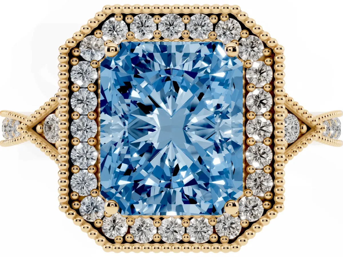Fancy Blue Radiant Cut Halo Round Diamond Milgrain Pave Engagement Ring Yellow gold
