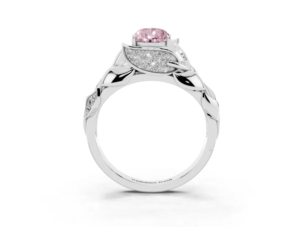 Fancy Pink Pear Cut Diamond Leaf-Inspired Engagement Ring with Round Accents and Prong Setting Platinum