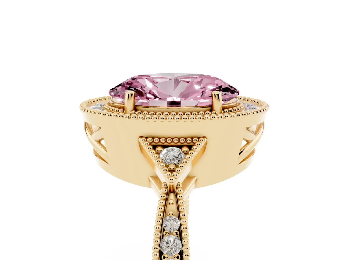 Fancy Pink Oval Cut Halo Round Diamond Milgrain Pave Engagement Ring Yellow gold