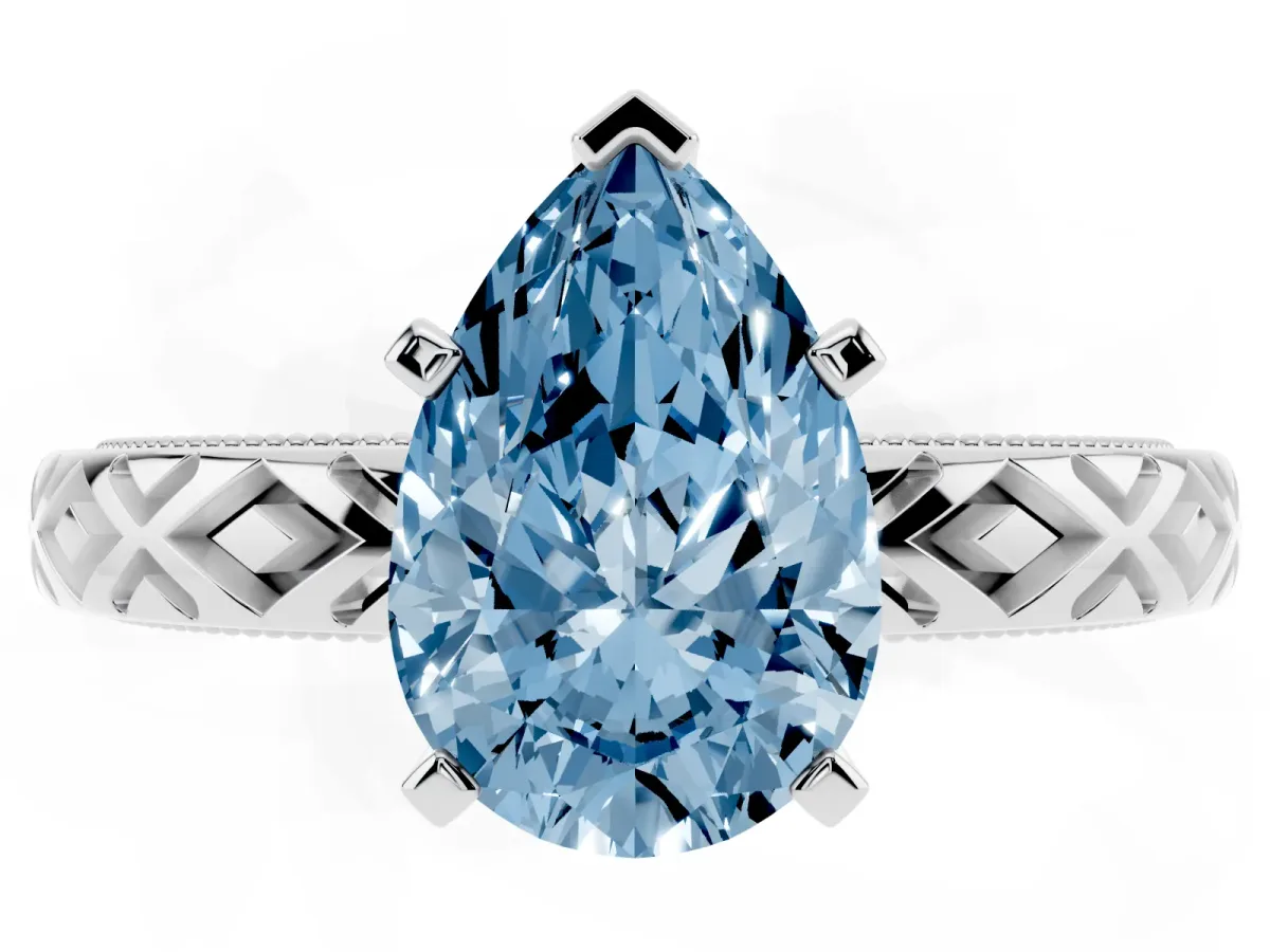 Fancy Blue Pear Cut Solitaire Diamond Ring with Milgrain and Black Enamel X Pattern Band Silver