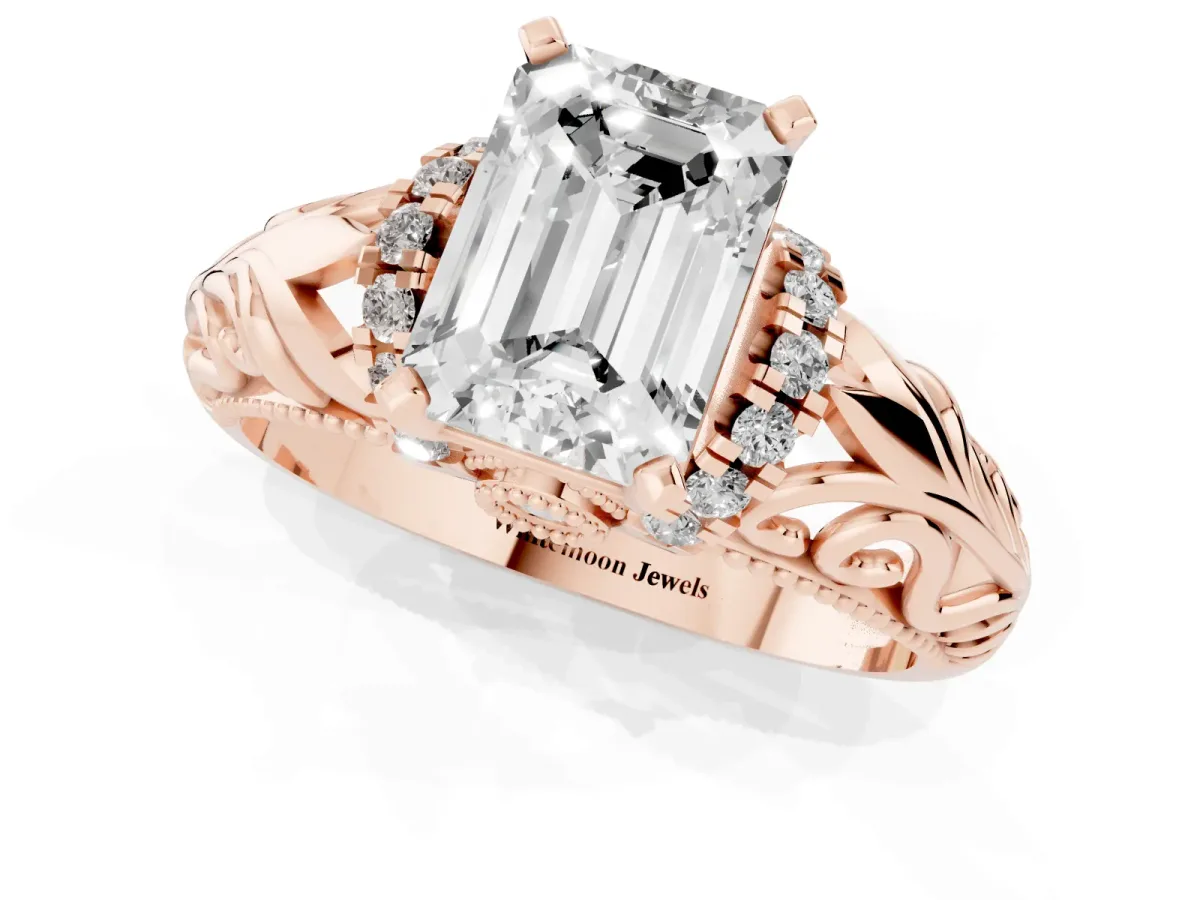 Emerald Cut Solitaire Filigree Engagement Ring with Halo and Prong Setting Rose gold