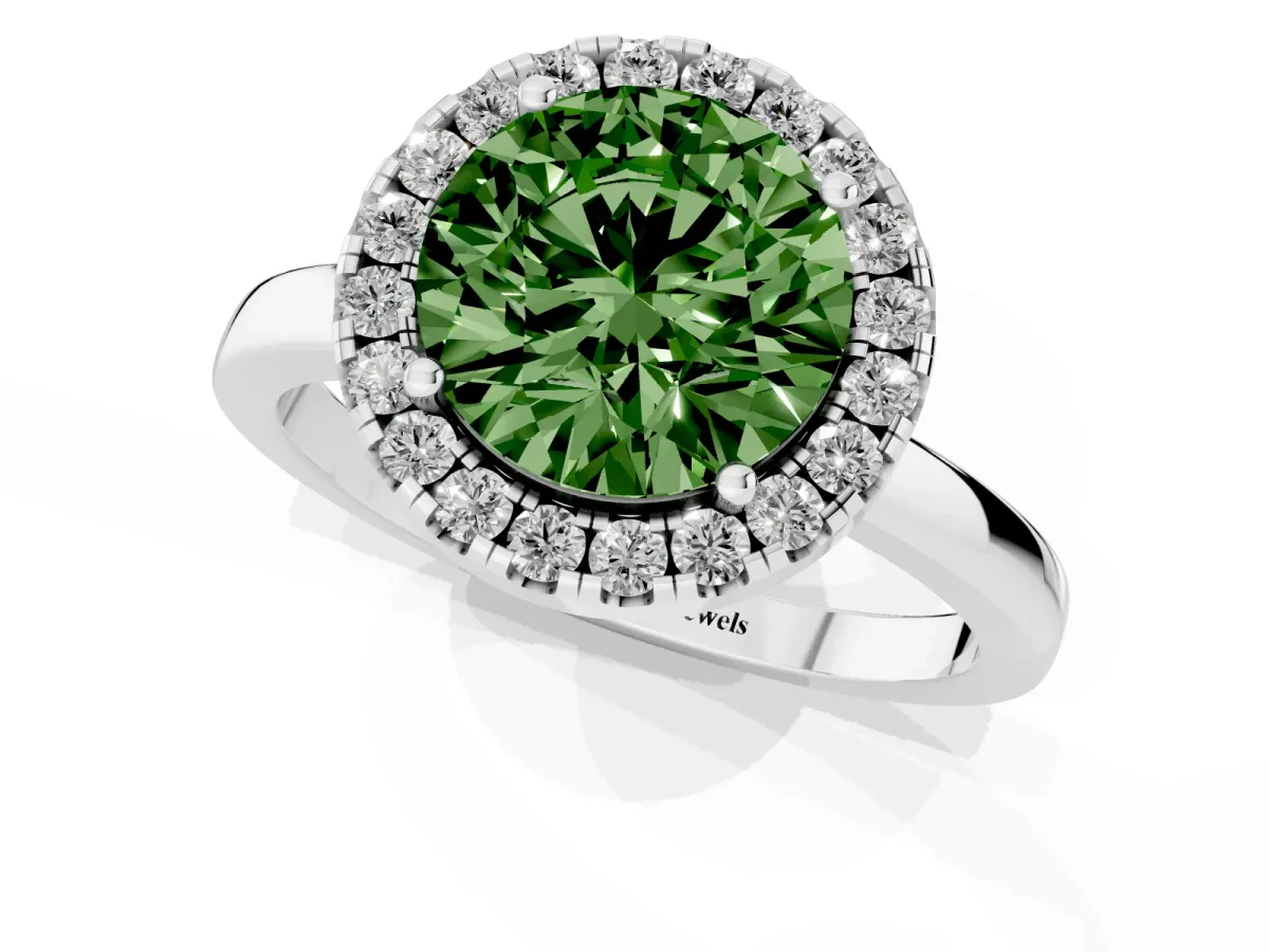 Fancy Green Round Cut Halo Diamond Solitaire with Pavé Band and Four-Prong Setting White gold