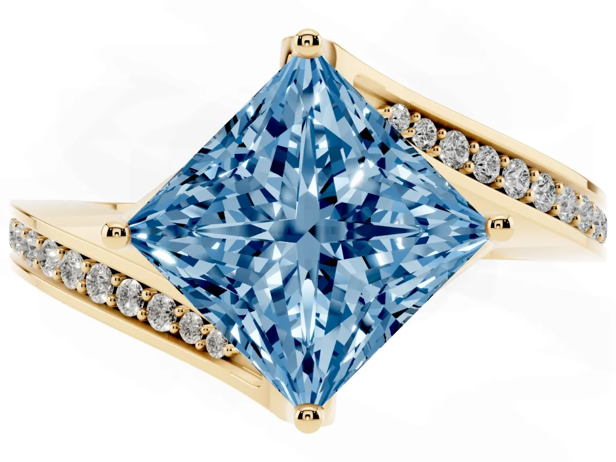 Fancy Blue Princess Cut Solitaire Diamond Twist Band with Pavé Setting and Four-Prong Setting Yellow gold
