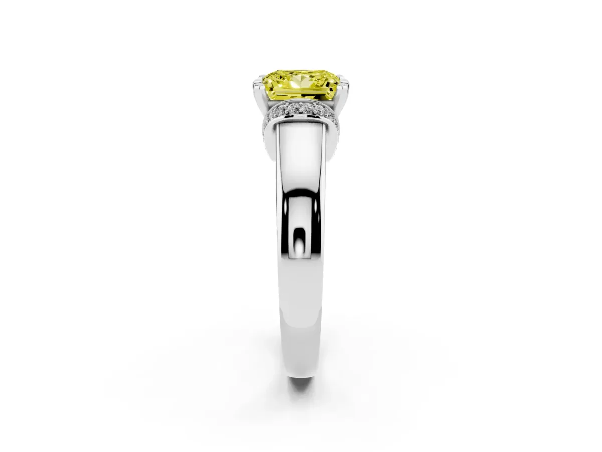 Fancy Yellow Princess Cut Solitaire Diamond Ring with Pave Band and Six-Prong Setting Platinum