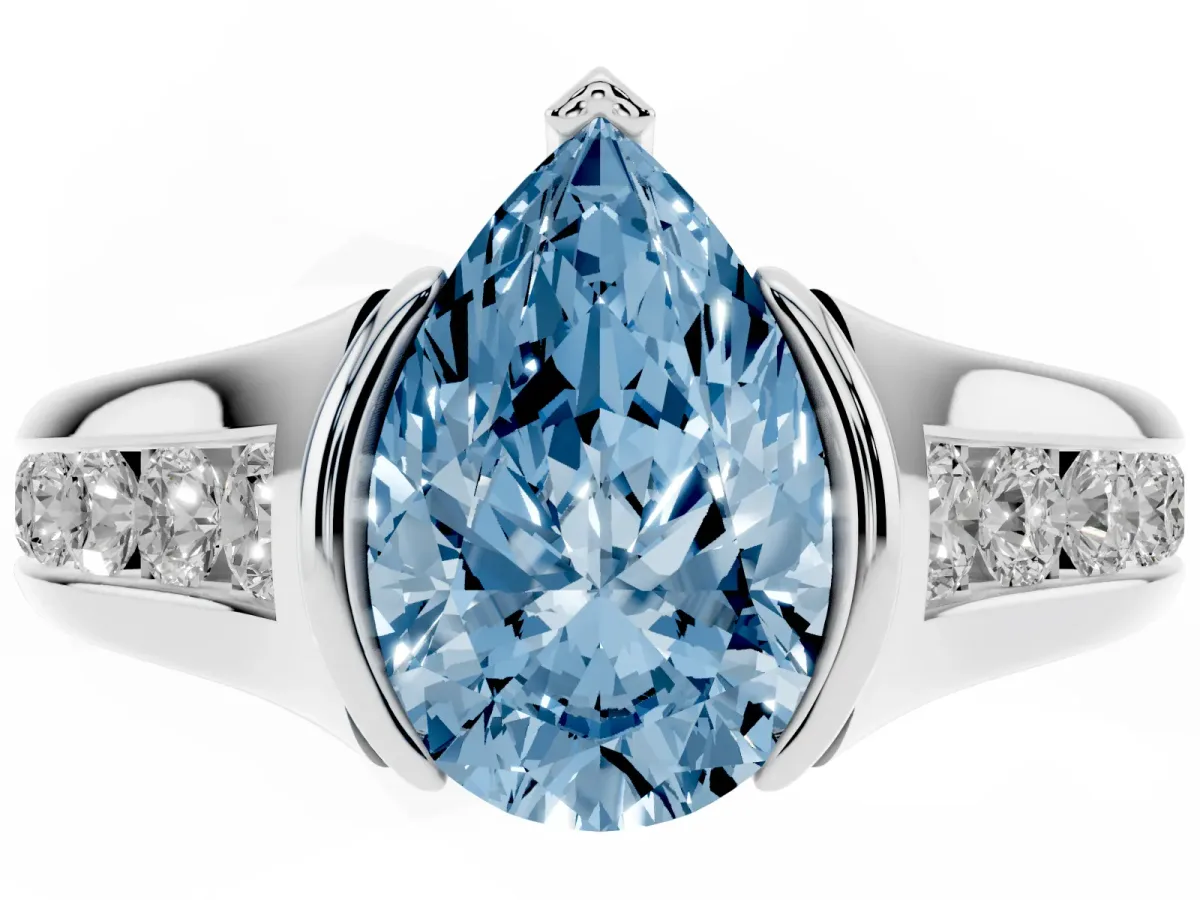 Fancy Blue Pear Cut Solitaire Bezel-Set Diamond Ring with Channel-Set Band Platinum