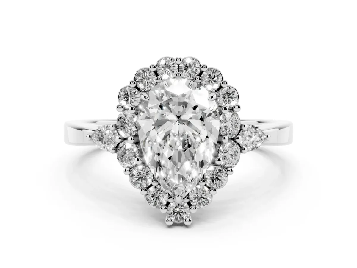 Pear Cut Diamond Halo Ring with Pear Side Stones and Prong Setting Platinum