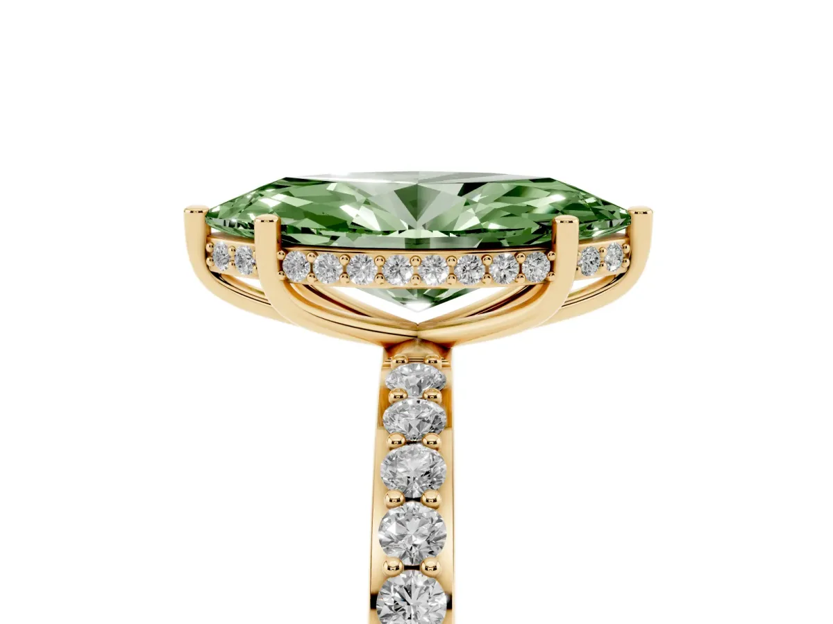 Fancy Green Marquise Cut Diamond Solitaire Ring with Pavé Band and Hidden Halo Yellow gold