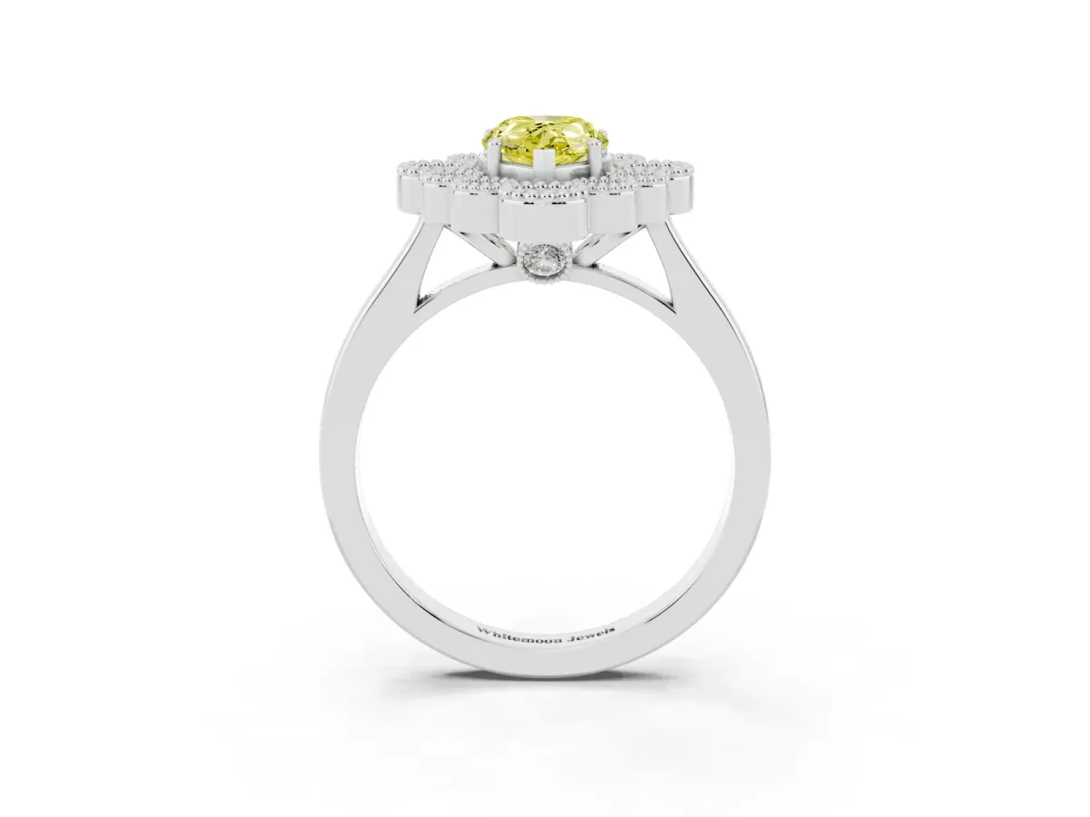 Fancy Yellow Pear Cut Halo Diamond Cluster Engagement Ring with Milgrain Bezel Setting and Solitaire Band Platinum