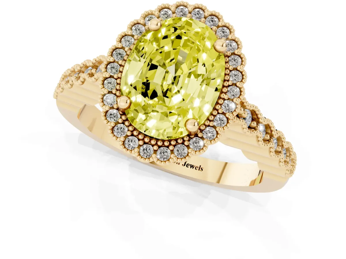 Fancy Yellow Oval Cut Cut Halo Pavé Solitaire Ring with Milgrain Band Yellow gold