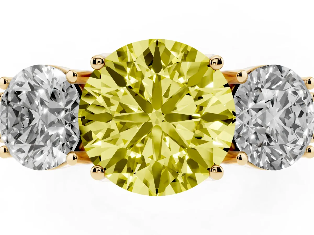 Fancy Yellow Three-Stone Round Cut Cut Milgrain Pavé Engagement Ring Yellow gold