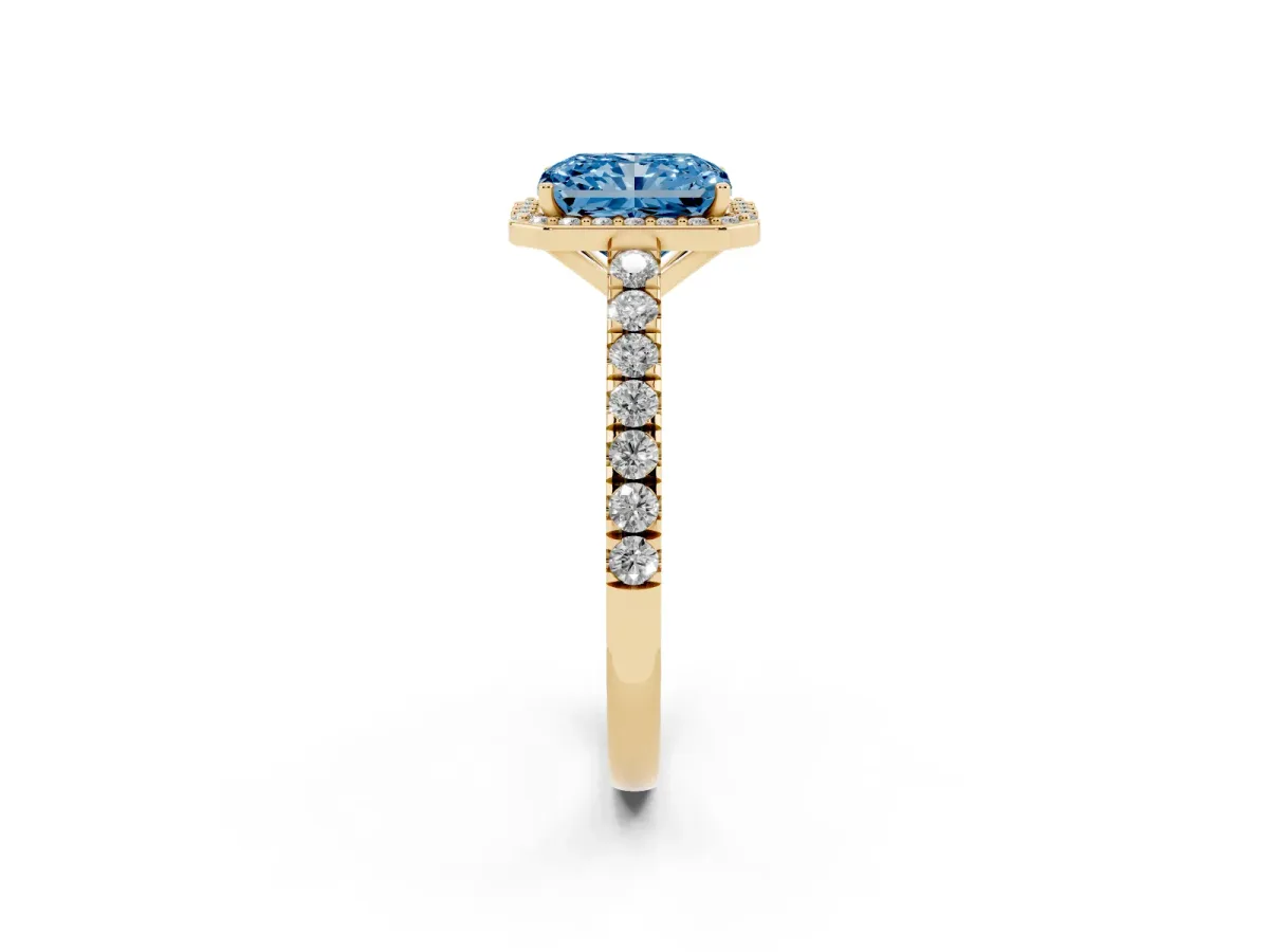 Fancy Blue Radiant Cut Cut Halo Diamond Engagement Ring with Pave Band and Four-Prong Setting Yellow gold