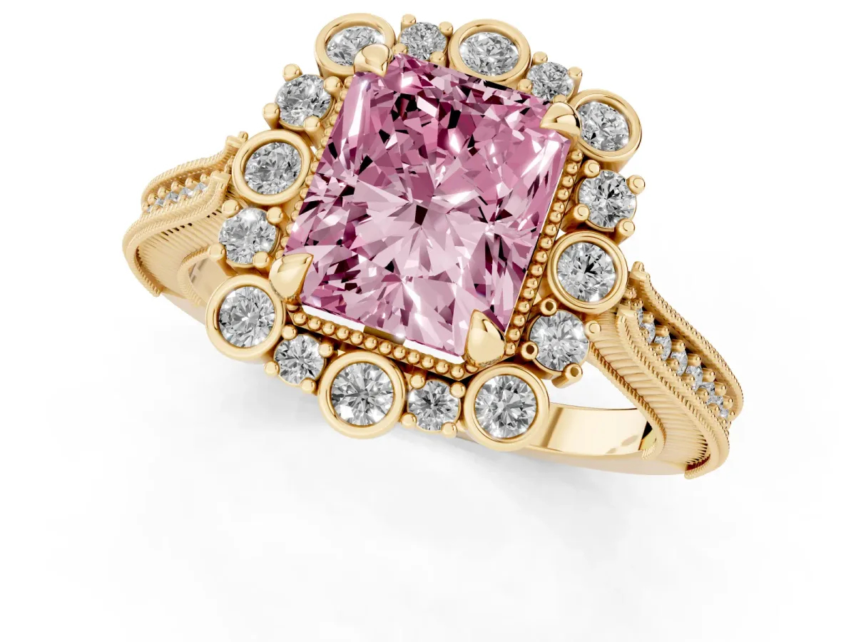Fancy Pink Radiant Cut Halo Milgrain Pave Diamond Ring with Four-Prong Setting Yellow gold