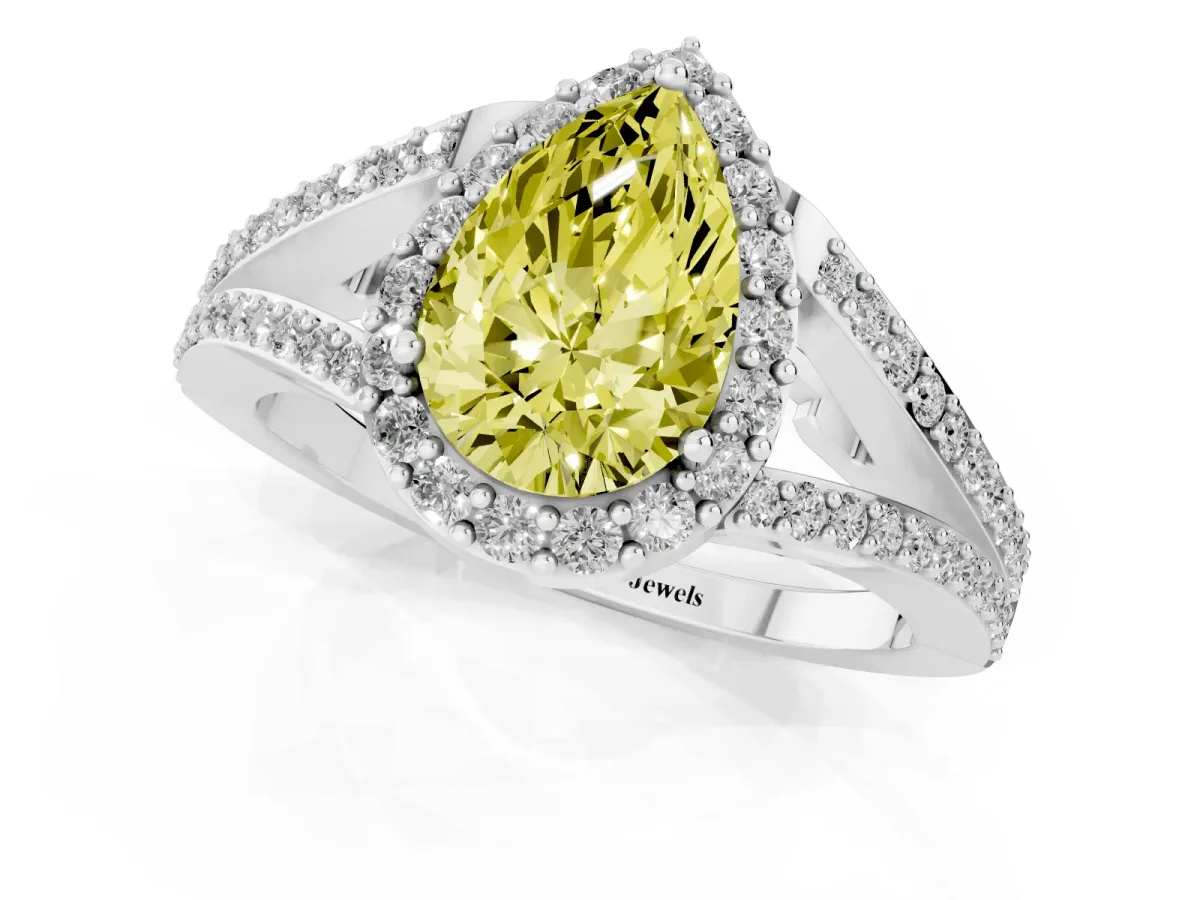 Fancy Yellow Pear Cut Halo Split Shank Pave Diamond Ring with Four-Prong Setting Platinum