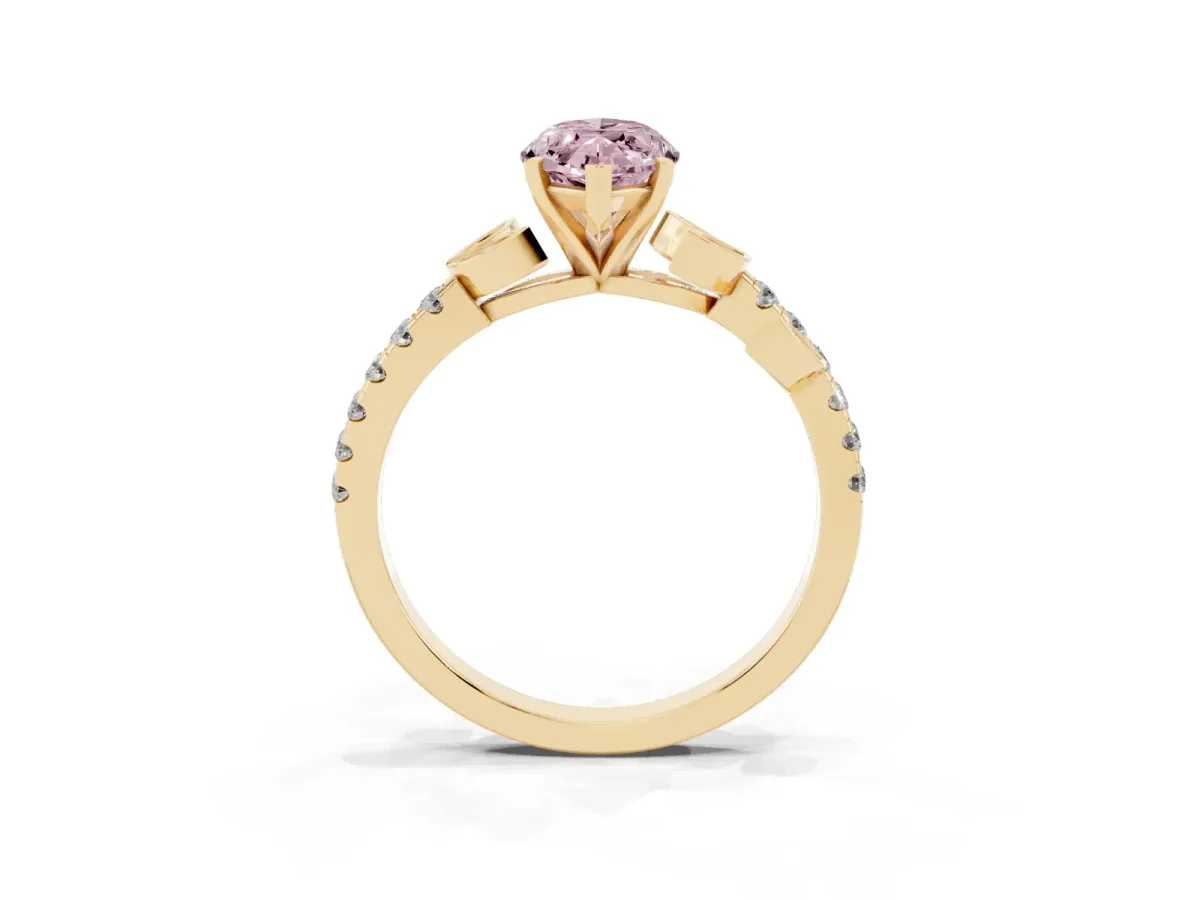 Fancy Pink Marquise Cut Solitaire Leaf-Inspired Diamond Ring with Pavé Band and Four-Prong Setting Yellow gold