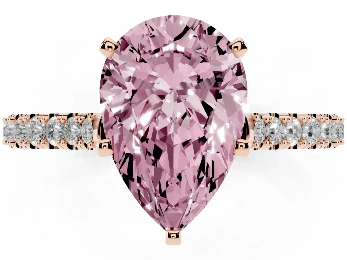 Fancy Pink Pear Cut Cut Solitaire Diamond Engagement Ring with Pave Band and Four-Prong Setting Rose gold