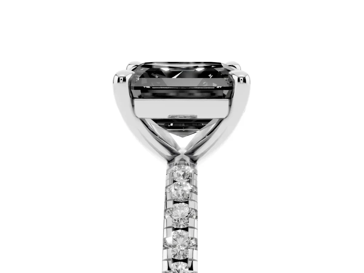Fancy Black Asscher Cut Diamond Brilliant Solitaire Ring with Pavé Band and Four-Prong Setting Platinum