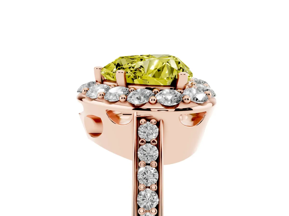 Fancy Yellow Heart Cut Diamond Floral Halo Ring with Pavé Band and Prong Setting Rose gold