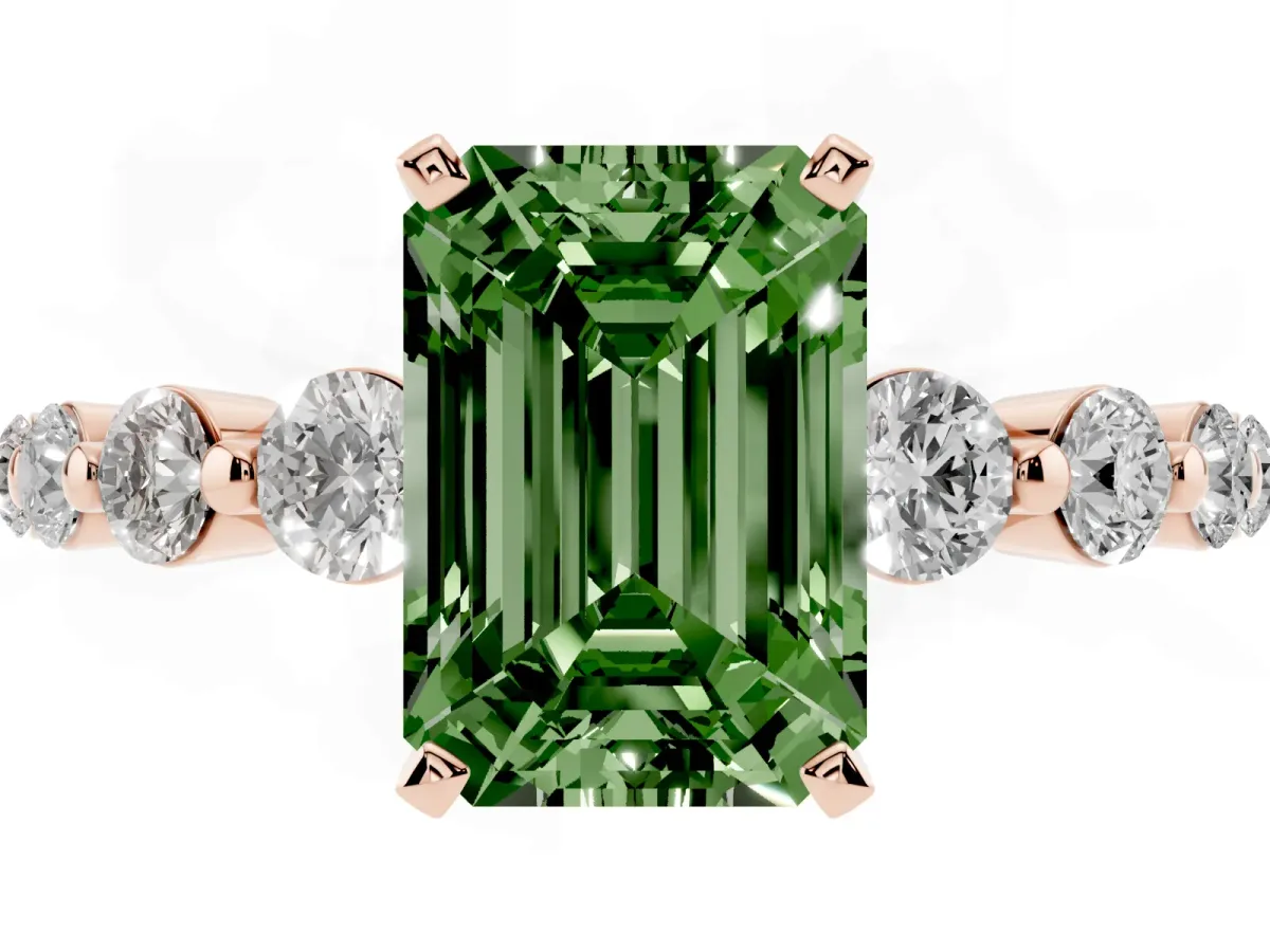 Fancy Green Emerald Cut Solitaire Diamond Ring with Pave Band and Four-Prong Setting Rose gold
