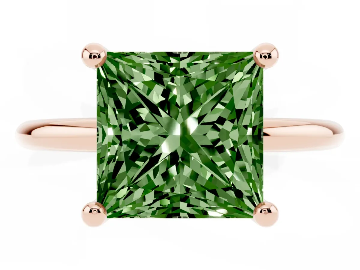 Fancy Green Princess Cut Solitaire Diamond Ring with 4-Prong Setting on a Classic Band Rose gold