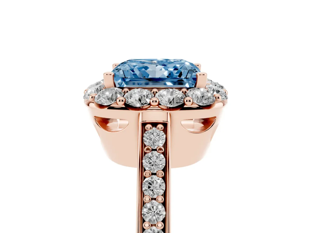Fancy Blue Princess Cut Diamond Floral Halo Ring with Pavé Band and Prong Setting Rose gold