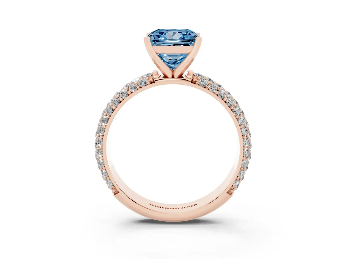 Fancy Blue Princess Cut Diamond Solitaire Ring with Prong Setting and Pavé Band Rose gold