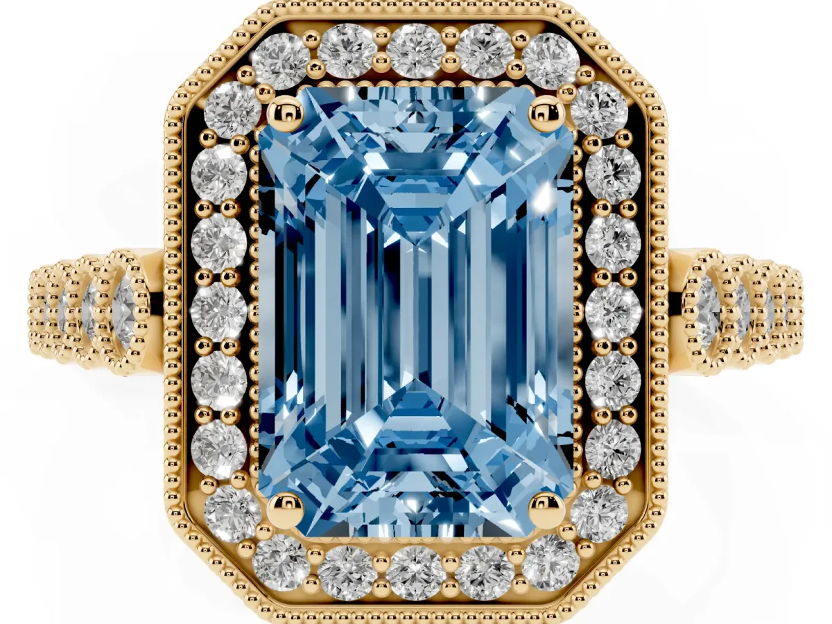 Fancy Blue Emerald Cut Halo Milgrain Solitaire with Bezel Set Side Stones and Pave Band Yellow gold