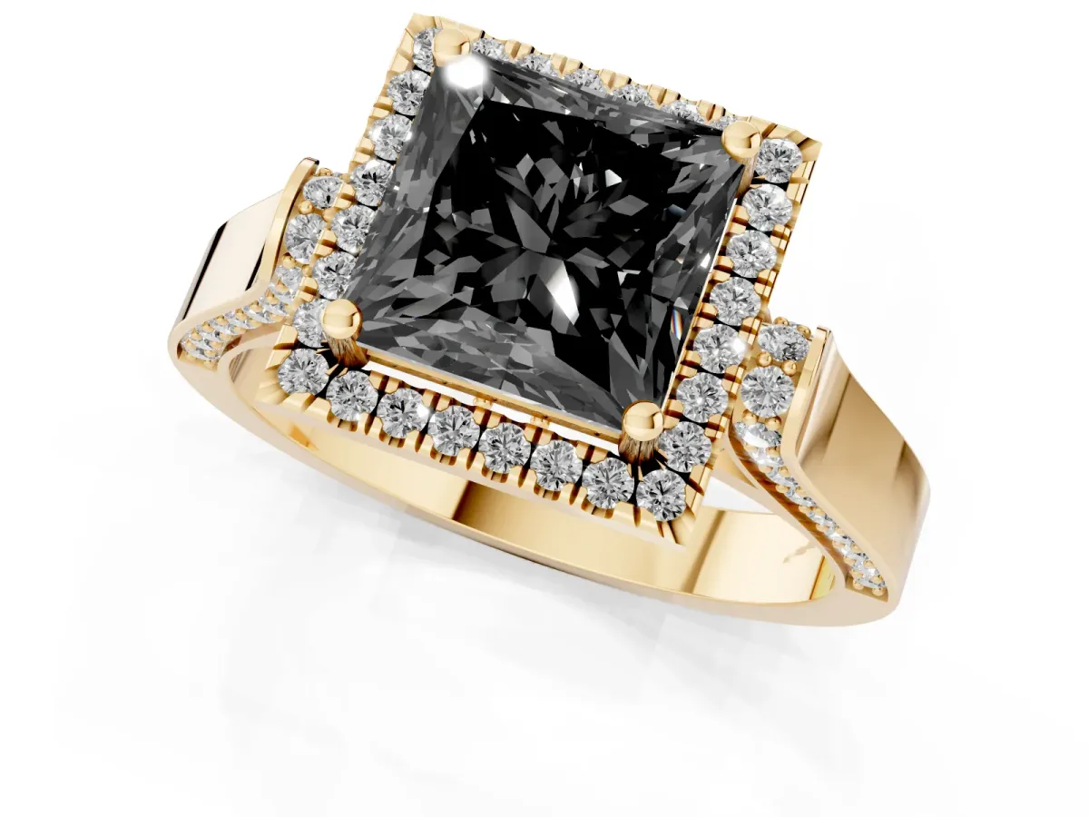 Fancy Black Princess Cut Halo Round Diamond Twist Band with Four-Prong Setting Yellow gold