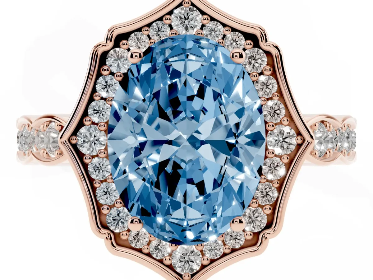 Fancy Blue Oval Cut Halo Diamond Engagement Ring with Milgrain Band and Four-Prong Setting Rose gold