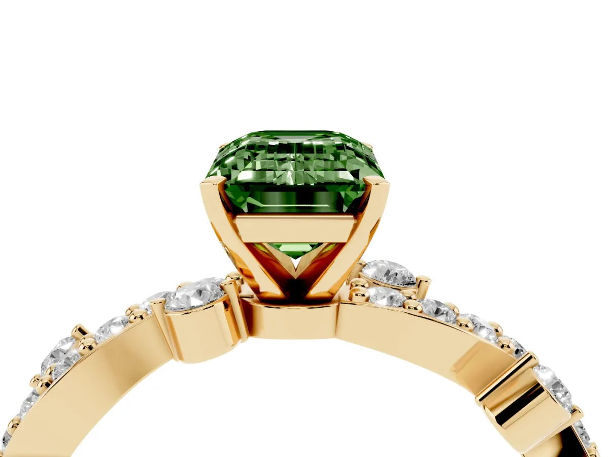 Fancy Green Emerald Cut Cut Solitaire Diamond Twisted Band with Pave Setting Yellow gold