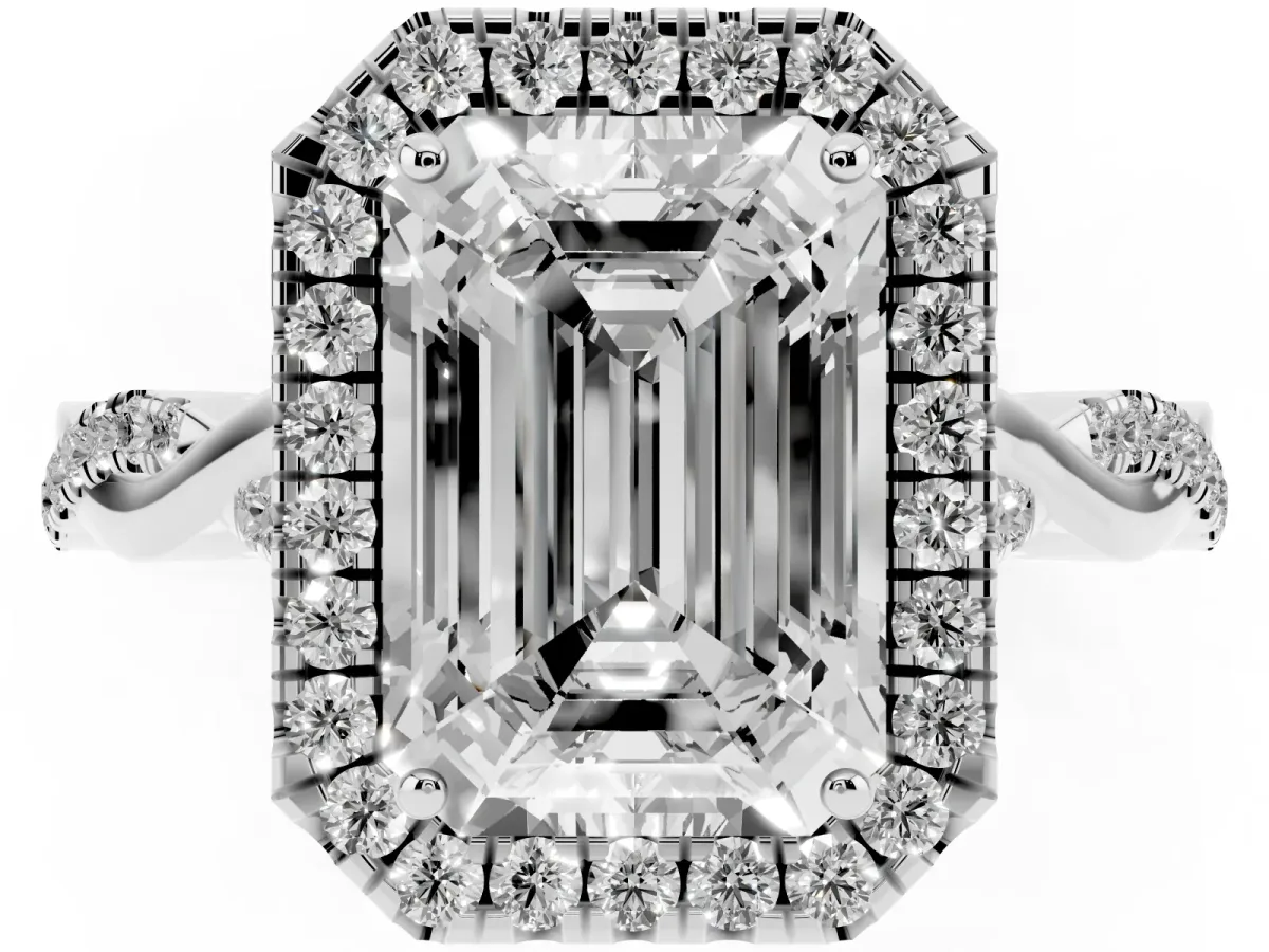 Emerald Cut Halo Twist Band Solitaire Ring Silver