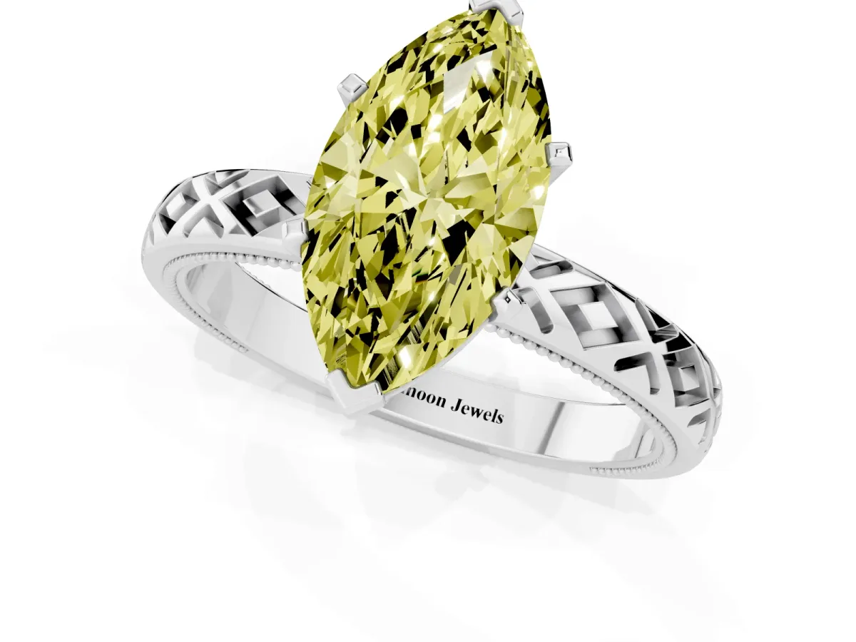 Fancy Yellow Marquise Cut Solitaire Diamond Ring with Milgrain and Black Enamel X Pattern Band Silver