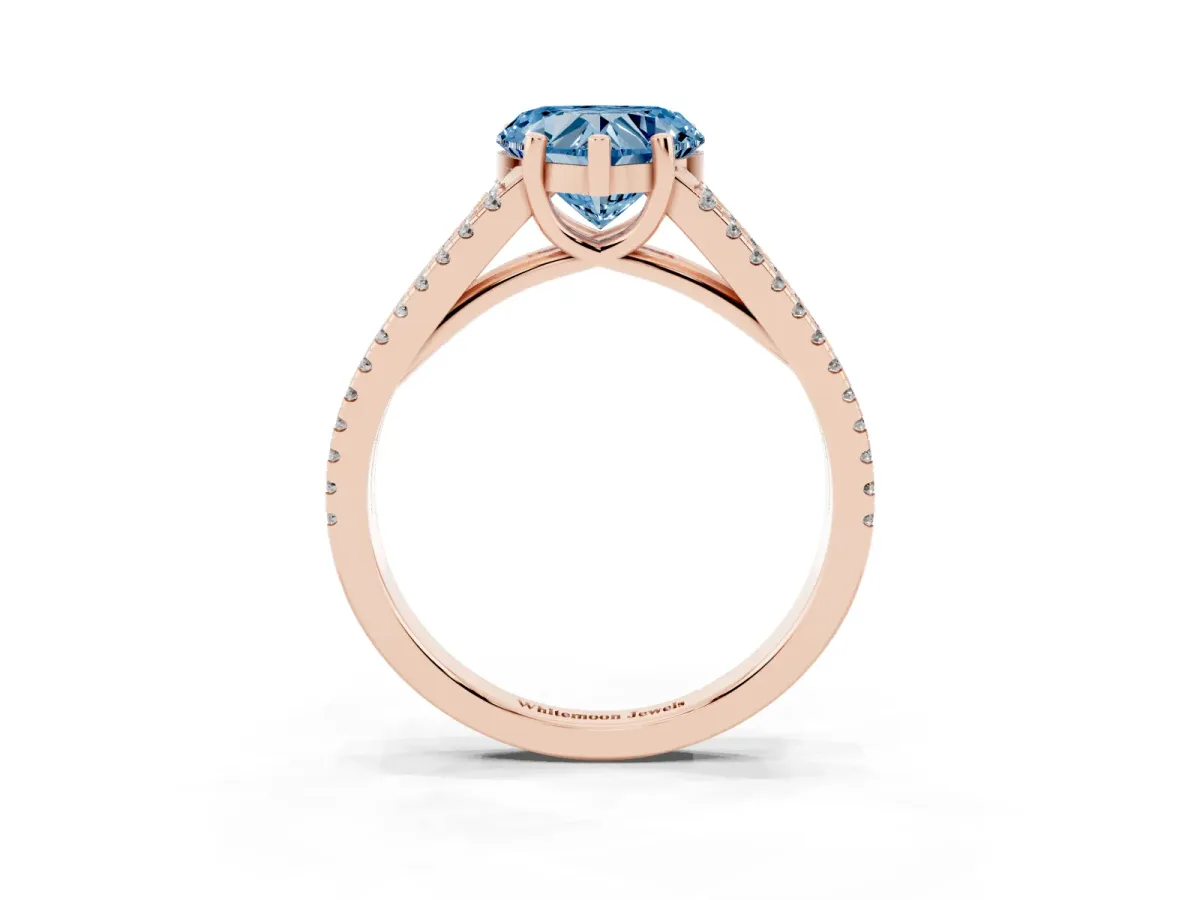 Fancy Blue Heart Cut Diamond Solitaire Engagement Ring with Split Shank Pavé Band Rose gold