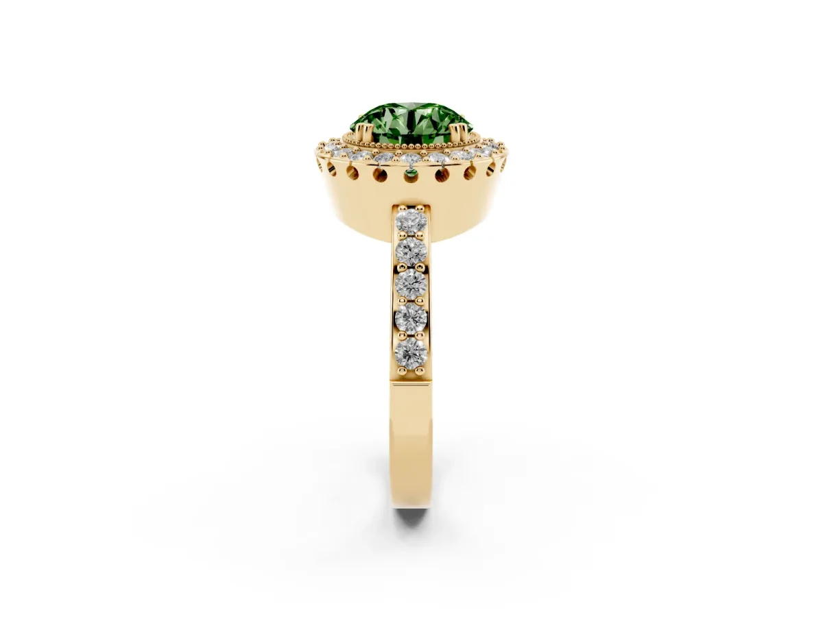 Fancy Green Round Cut Diamond Halo Ring with Pavé Band and Prong Setting Yellow gold