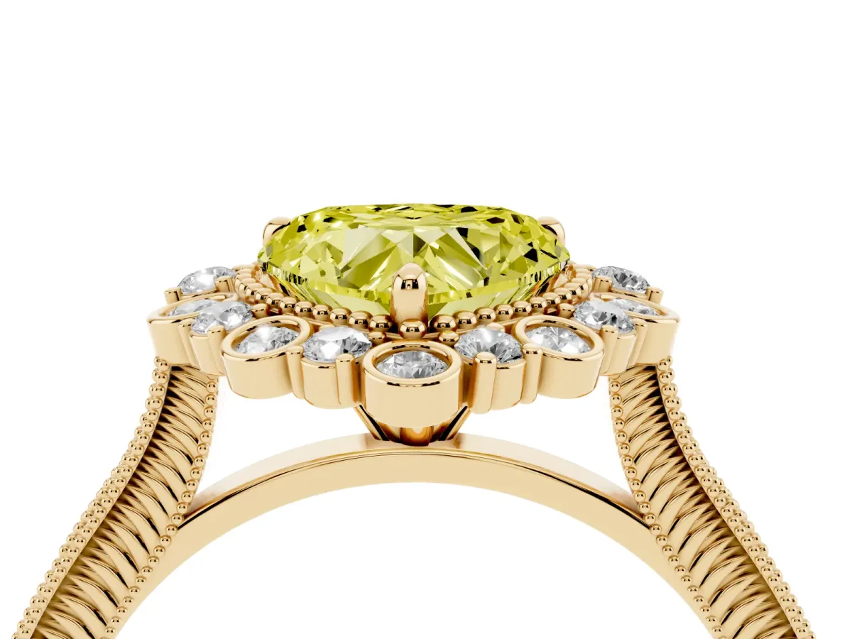 Fancy Yellow Heart Cut Halo Milgrain Pave Diamond Ring with Four-Prong Setting Yellow gold