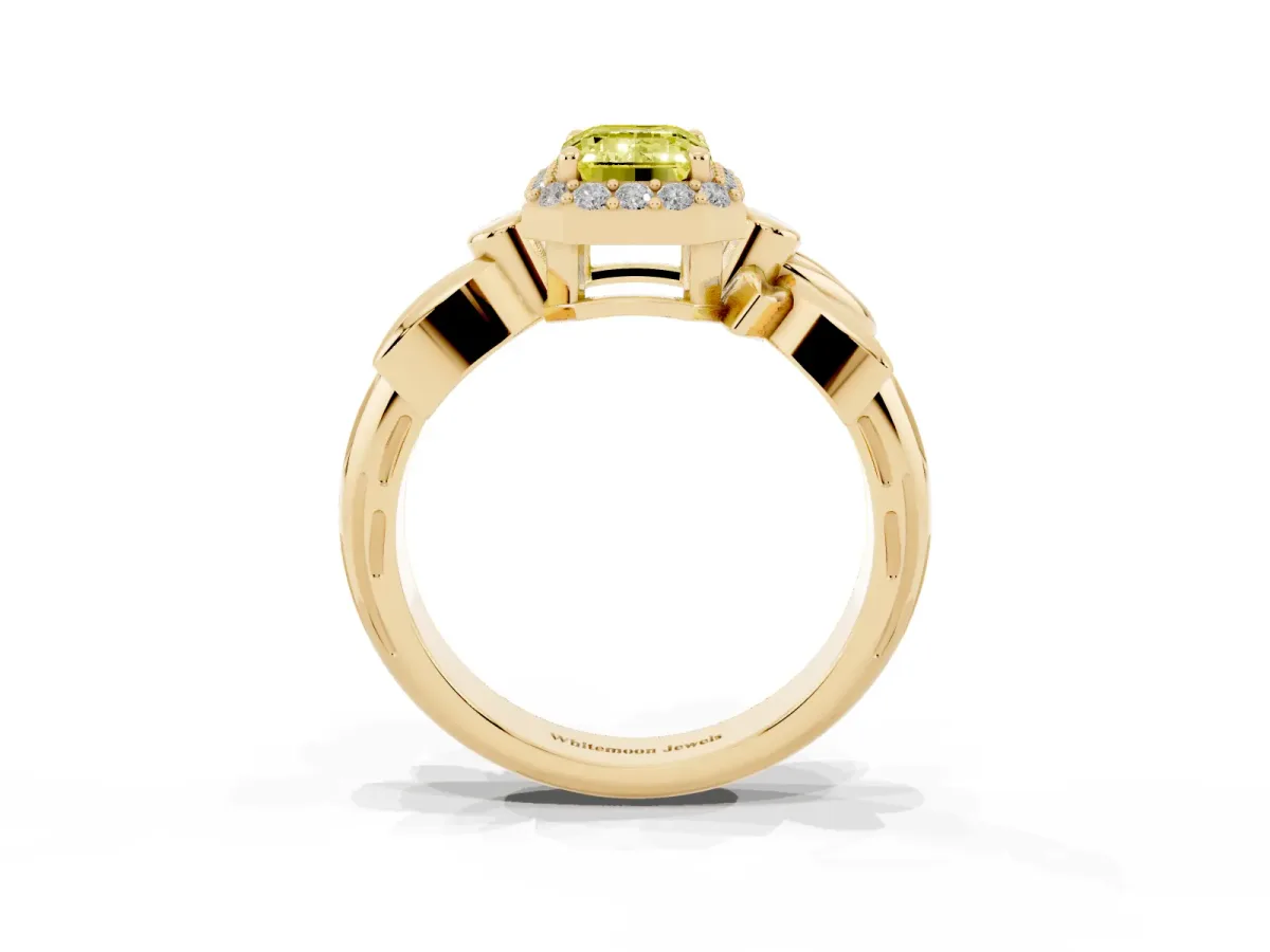 Fancy Yellow Emerald Cut Halo Diamond Floral Band with Four-Prong Setting Yellow gold