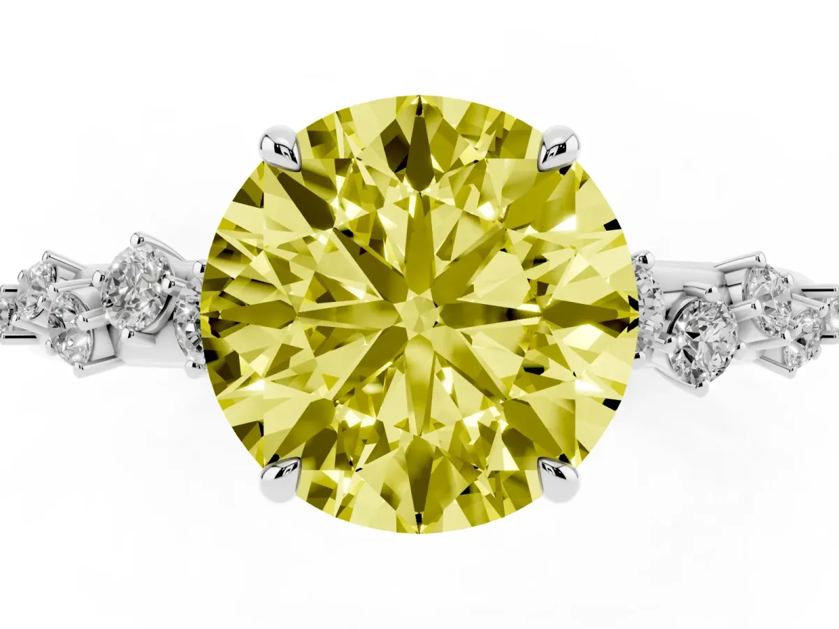 Fancy Yellow Round Cut Diamond Cluster Prong-Set Solitaire Ring Silver