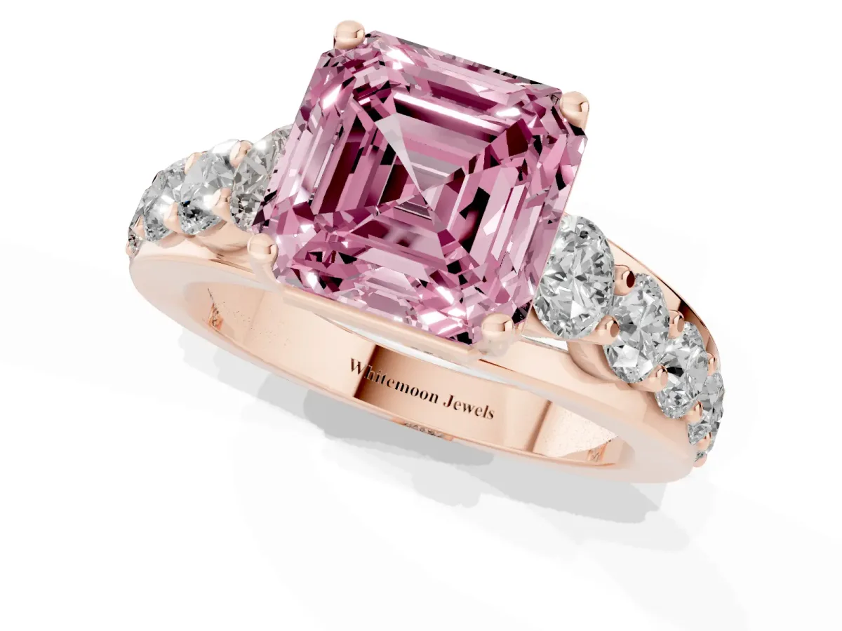 Fancy Pink Asscher Cut Diamond Engagement Ring with Pavé Band and Four-Prong Setting Rose gold