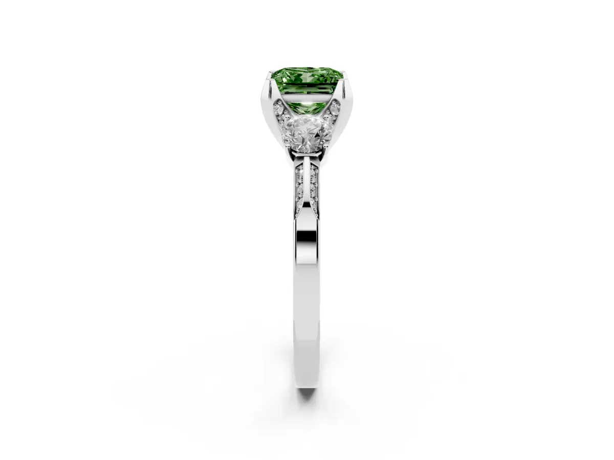 Fancy Green Princess Cut Brilliant Three-Stone Diamond Ring with Pavé Band and Four-Prong Setting Silver